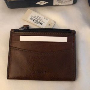 Fossil Andrew Leather Zip Card Case Color Cognac NWT & Box